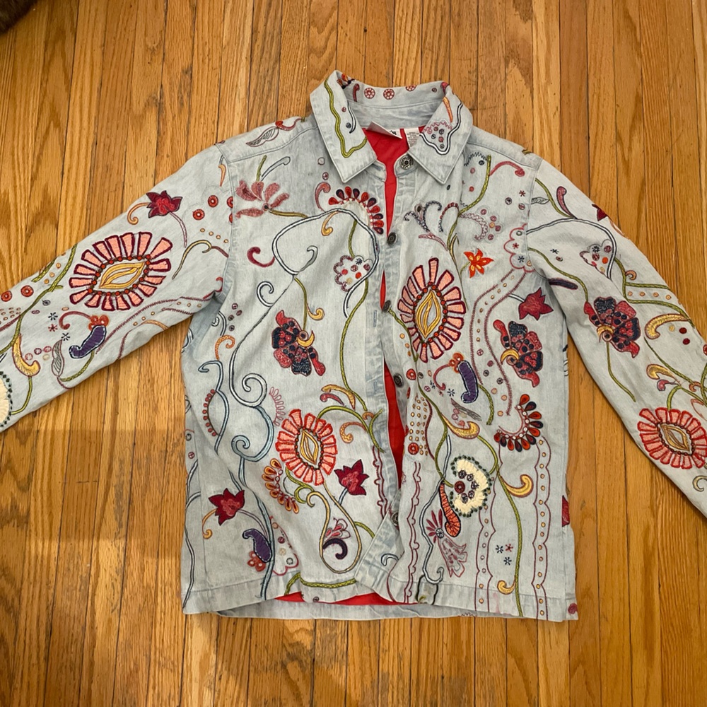 Chico's Red and Blue Embroidered Jacket